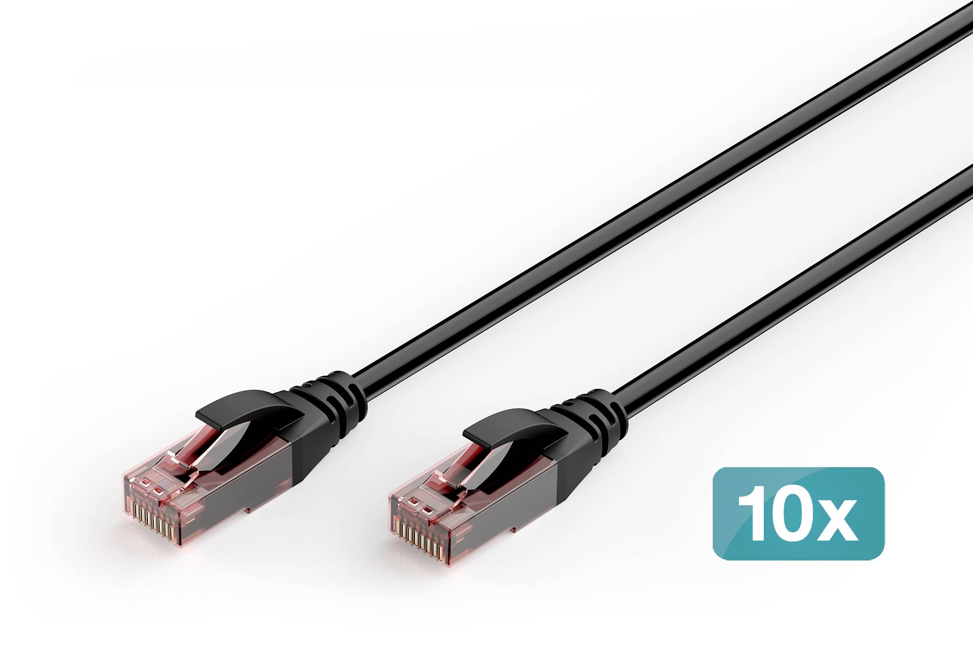 Dva čierne sieťové káble Ethernet s konektormi RJ45, označené „10x" na bielom pozadí.