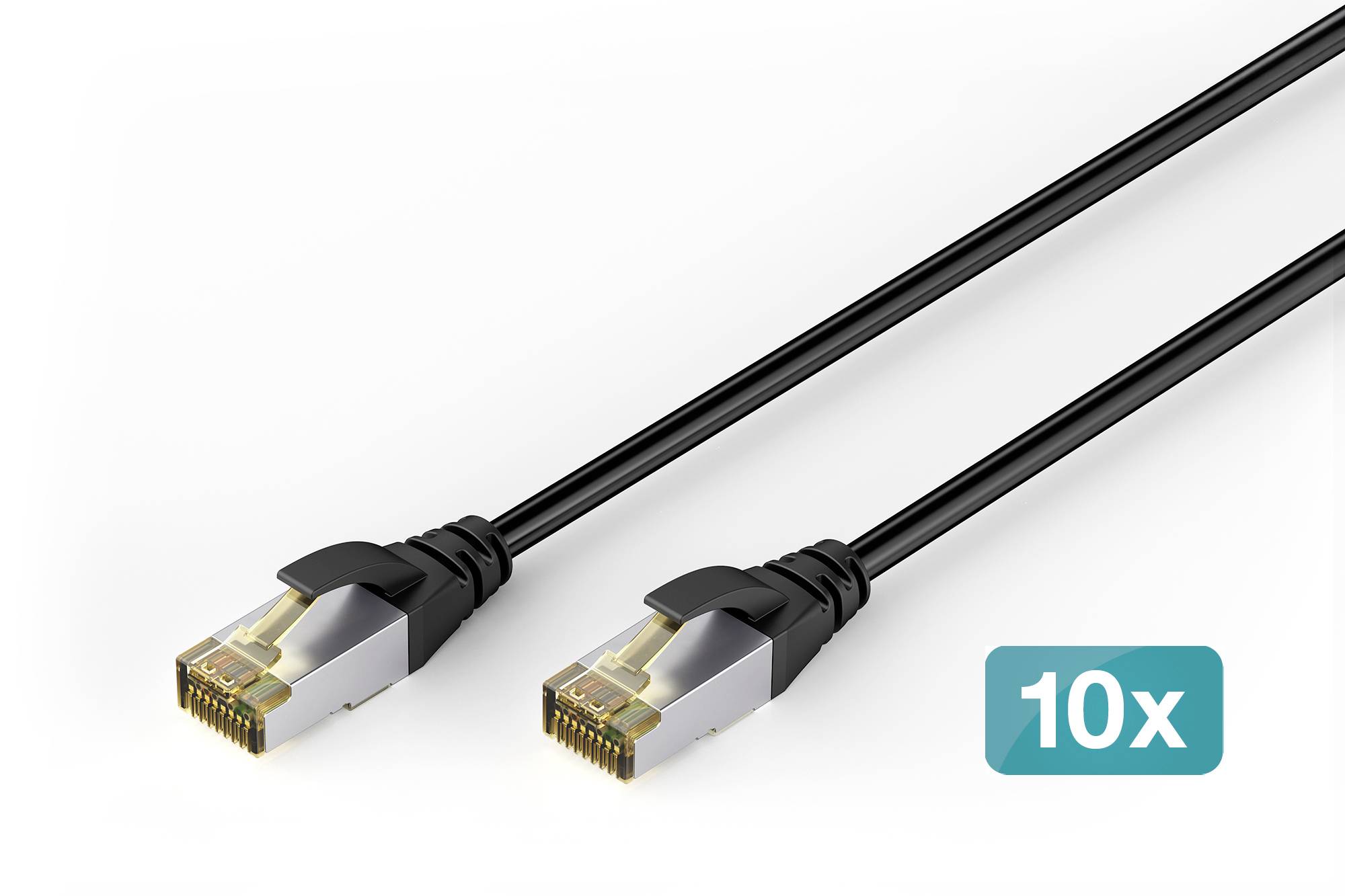 Dva čierne ethernetové káble s konektormi RJ45 zobrazené na bielom pozadí, označené číslom "10x" v modrom odznakom.
