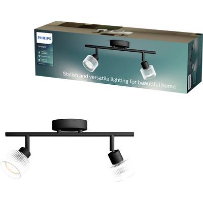 Spotlights Philips na strop s dvoma nastaviteľnými lampami, zobrazené na krabici produktu a nižšie na bielom pozadí, označené ako „Štýlové a všestranné osvetlenie pre krásny domov".