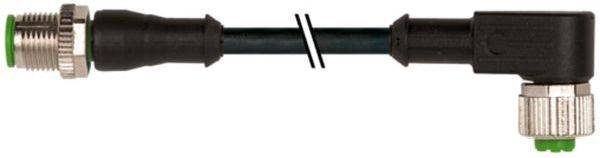 Čierny kábel s konektormi v pravom uhle na oboch koncoch, jeden strieborný závitový konektor a jeden konektor so zeleným hrotom, zobrazený na bielom pozadí.