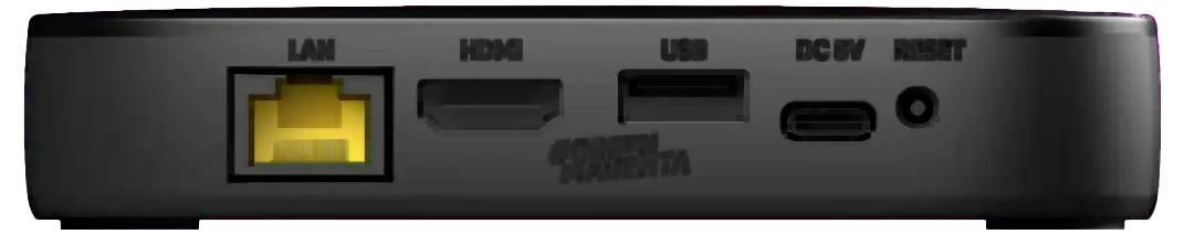 Zväčšenie zadného panela zariadenia s portami Ethernet LAN, HDMI, USB, DC napájanie a reset označenými v hornej časti.