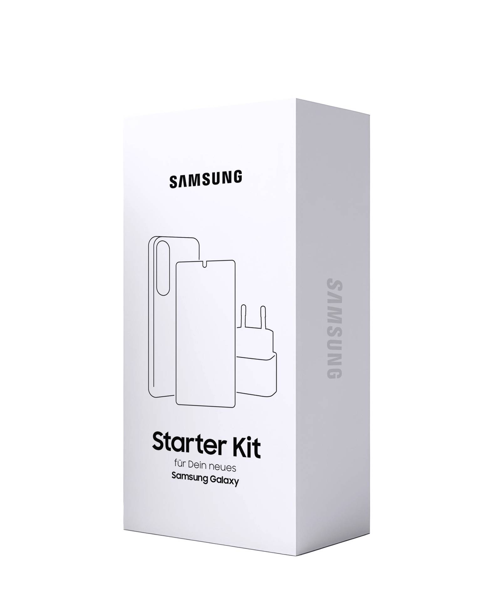 Startovacia sada Samsung pre nový Samsung Galaxy, zobrazená na bielom pozadí s ilustráciou nabíjačky a príslušenstva telefónu.