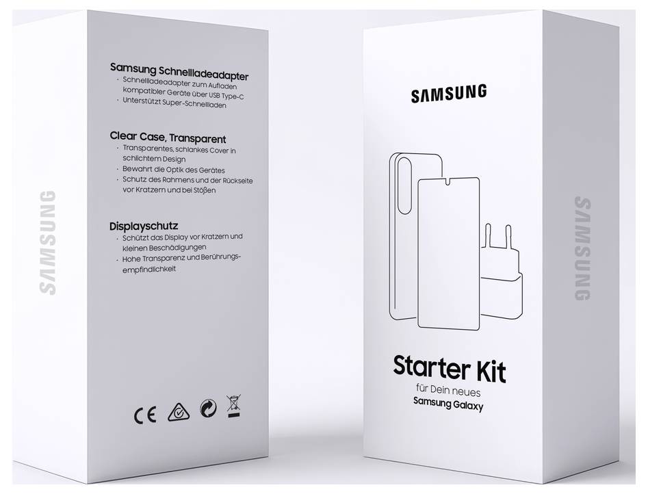 Balíčky Samsung Starter Kit pre Galaxy s priehľadným puzdrom a ochranou displeja rýchleho nabíjacieho adaptéra.