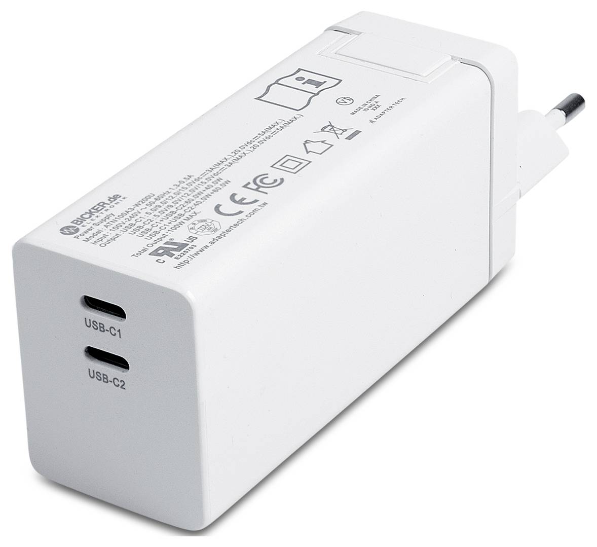 Biela USB nástenná nabíjačka s dvoma front portami označenými USB-C1 a USB-C2 a napájacím zástrčkou na zadnej strane