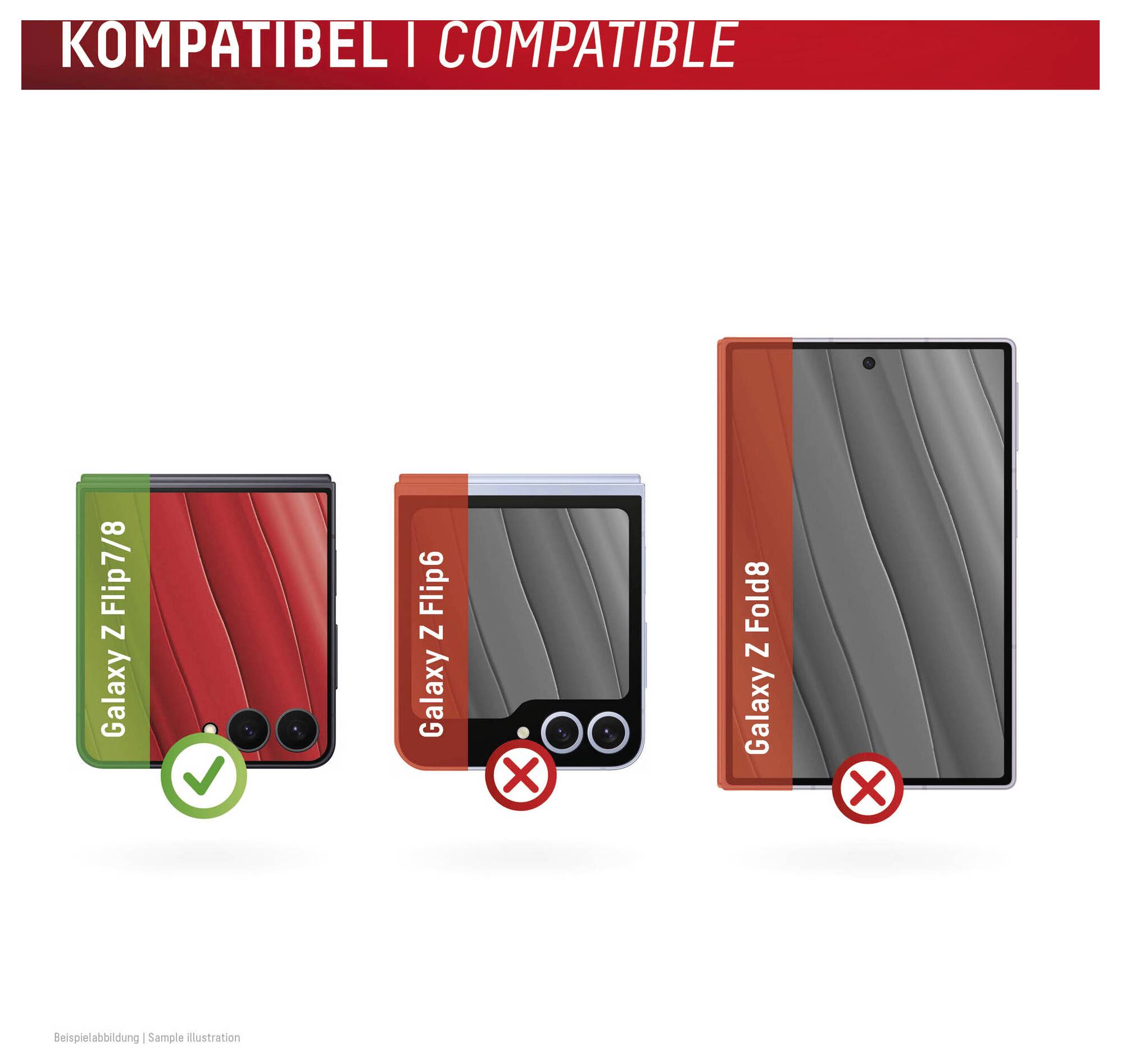 Tabuľka kompatibility zobrazujúca skladacie zariadenia Samsung: Galaxy Z Flip7/8 označená ako kompatibilná so zeleným háčikom, Galaxy Z Flip6 a Galaxy Z Fold8 označené ako nekompatibilné s červenými krížikmi.