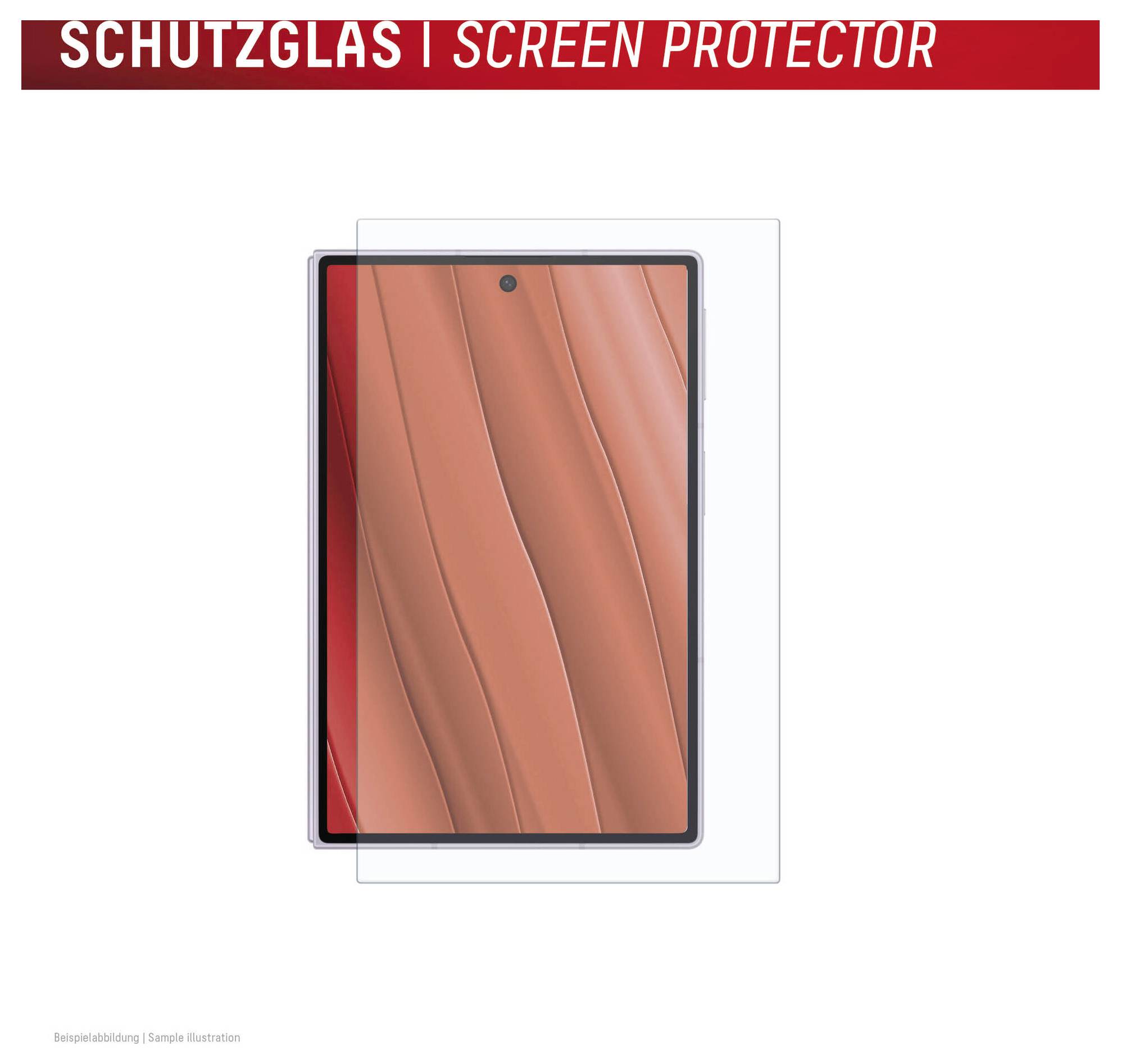 Ochranné sklo na displeji tabletu s označením „SCHUTZGLAS | SCREEN PROTECTOR" v hornej časti.