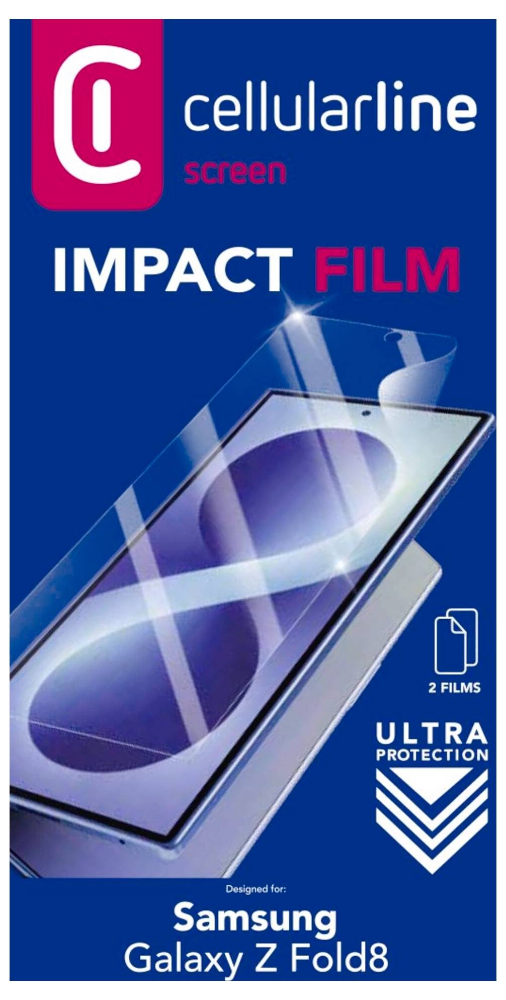 Obal produktu Cellularline Impact Film na displej, ultra ochrana, navrhnutý pre Samsung Galaxy Z Fold8.