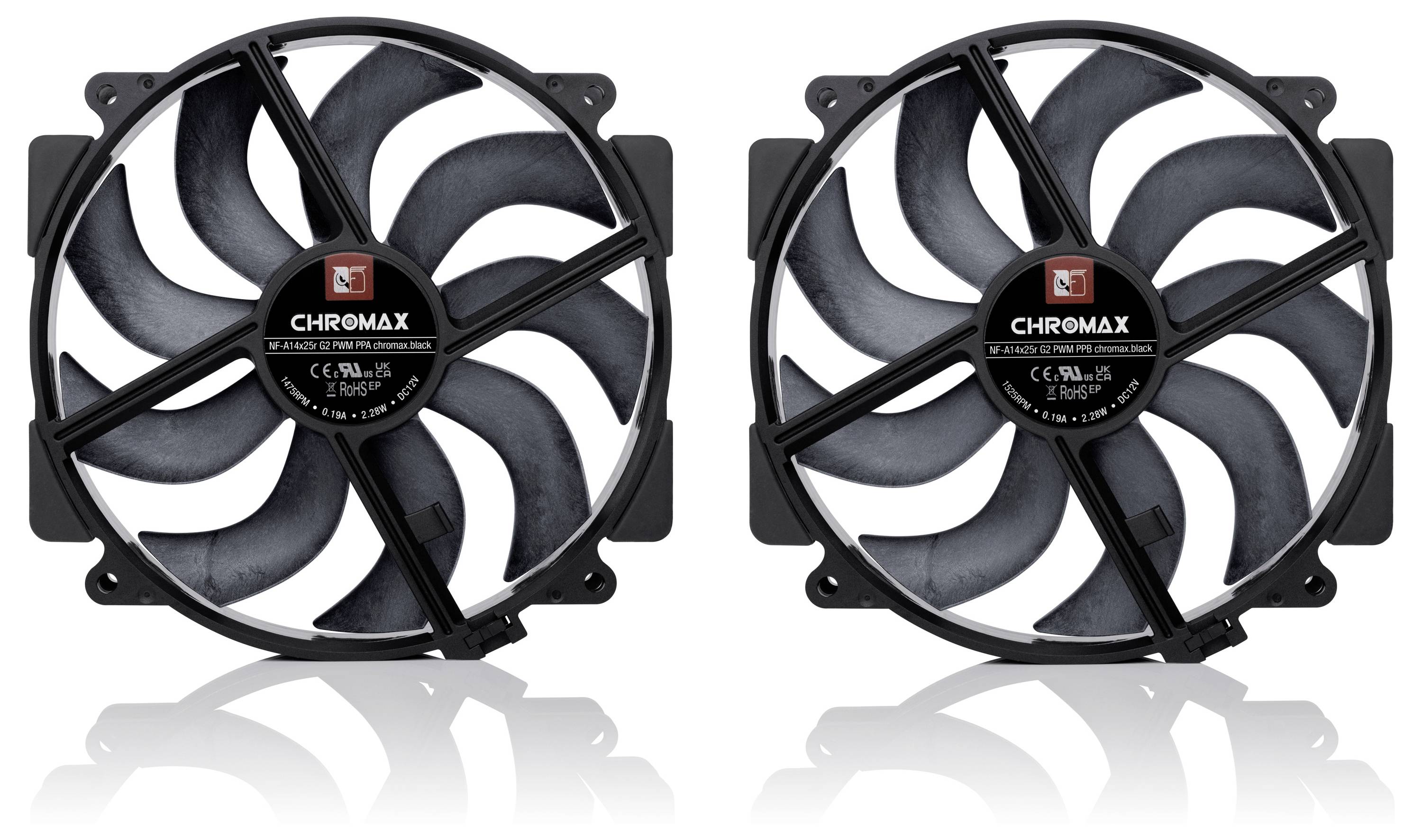 Dva čierne chladiace ventilátory počítača CHROMAX zobrazené vedľa seba na bielom pozadí so subtle odrazy.