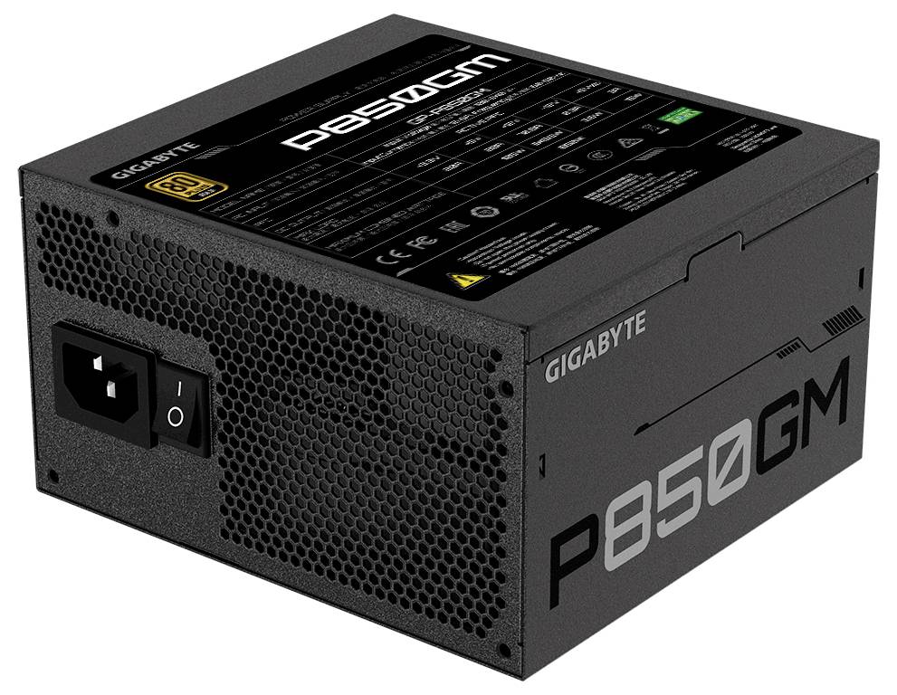 Čierna počítačová jednotka napájania Gigabyte P850GM s perforovaným bočným panelom a viditeľným značením na hornej a bočnej strane.