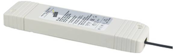 Obdĺžnikový biely elektronický modul napájacej jednotky s označením a čiernym kablom vychádzajúcim z jedného konca.