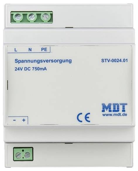 Biely modul napájania na DIN-lište označený „Spannungsversorgung 24V DC 750mA" s väzami L, N, PE a logom MDT.