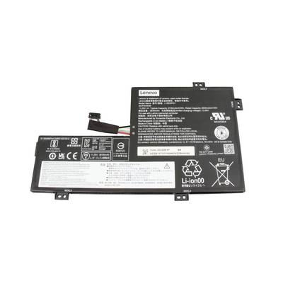 Dve batérie laptopa Lenovo zobrazené na bielom pozadí, jedna väčšia so pripojovacím kablom a viditeľnými bezpečnostnými štítkami.