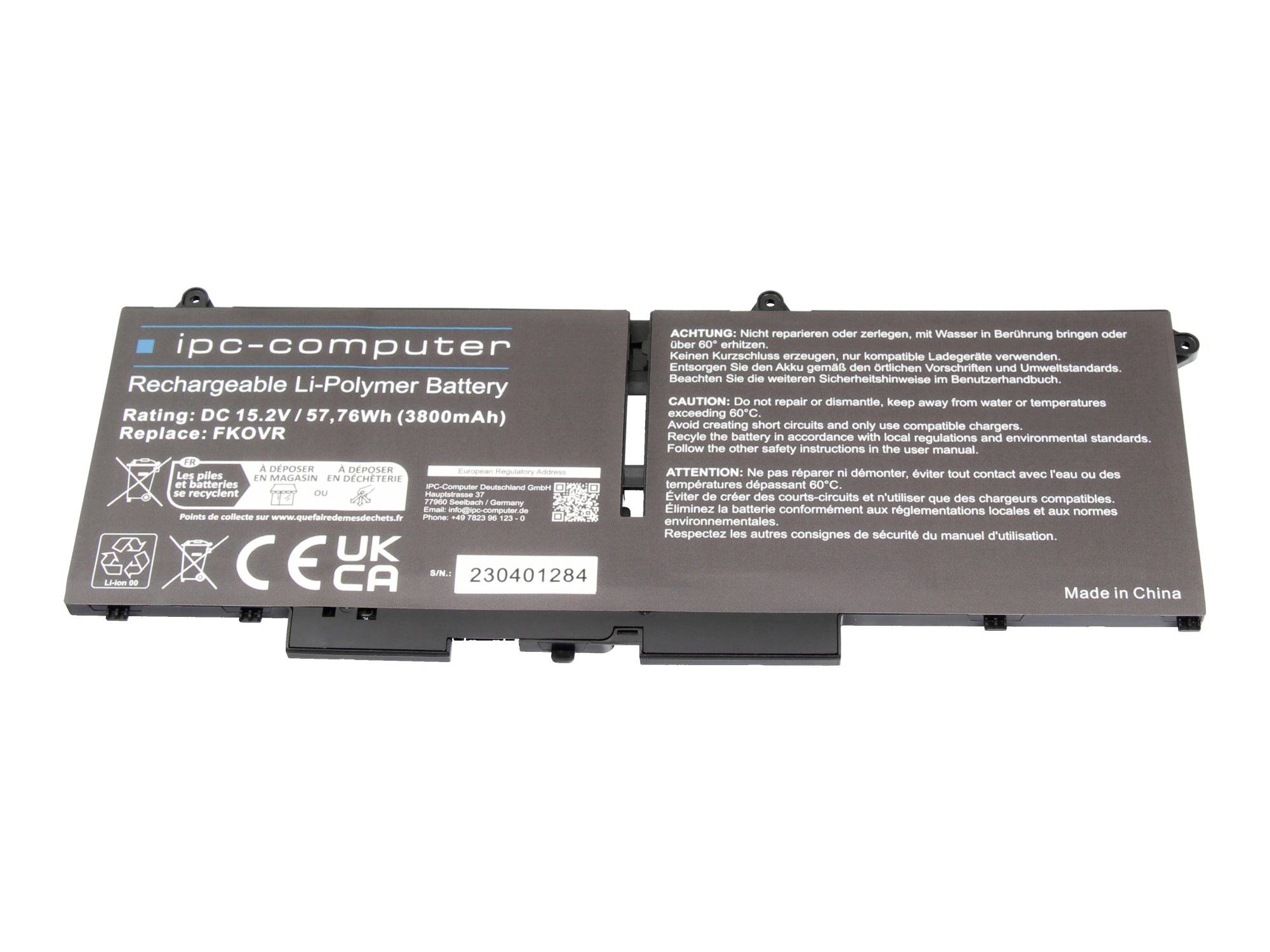 Čierna nabíjateľná LiPo batéria s označením "ipc-computer" s kapacitou 15,2V 57,76Wh a bezpečnostnými upozorneniami.