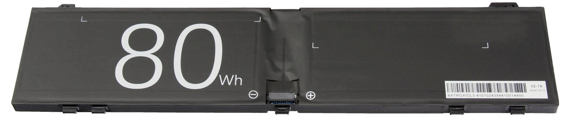 Čierny batériový balík prenosného počítača označený „80 Wh" so čiarovým kódom na pravej strane.