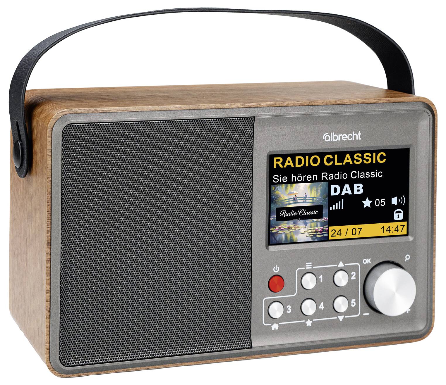 Prenosné drevené DAB rádio s rukoväťou na prenášanie, reproduktorovú mriežku, displej zobrazujúci "RADIO CLASSIC" a regulačné gombíky na prednej strane.