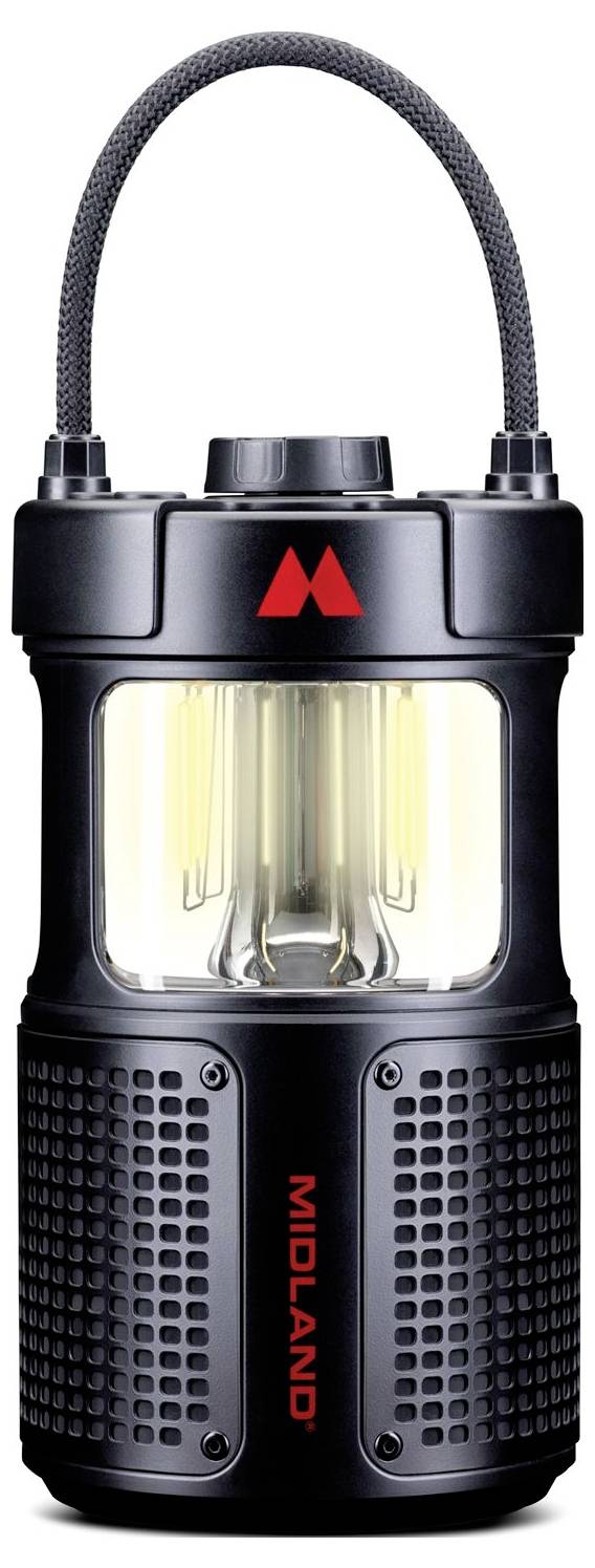 Čierna midlandská lampa s pletaným rukoväťou a svietiacou žiarovkou vnútri, zobrazená v sprednočelom pohľade na bielom pozadí.