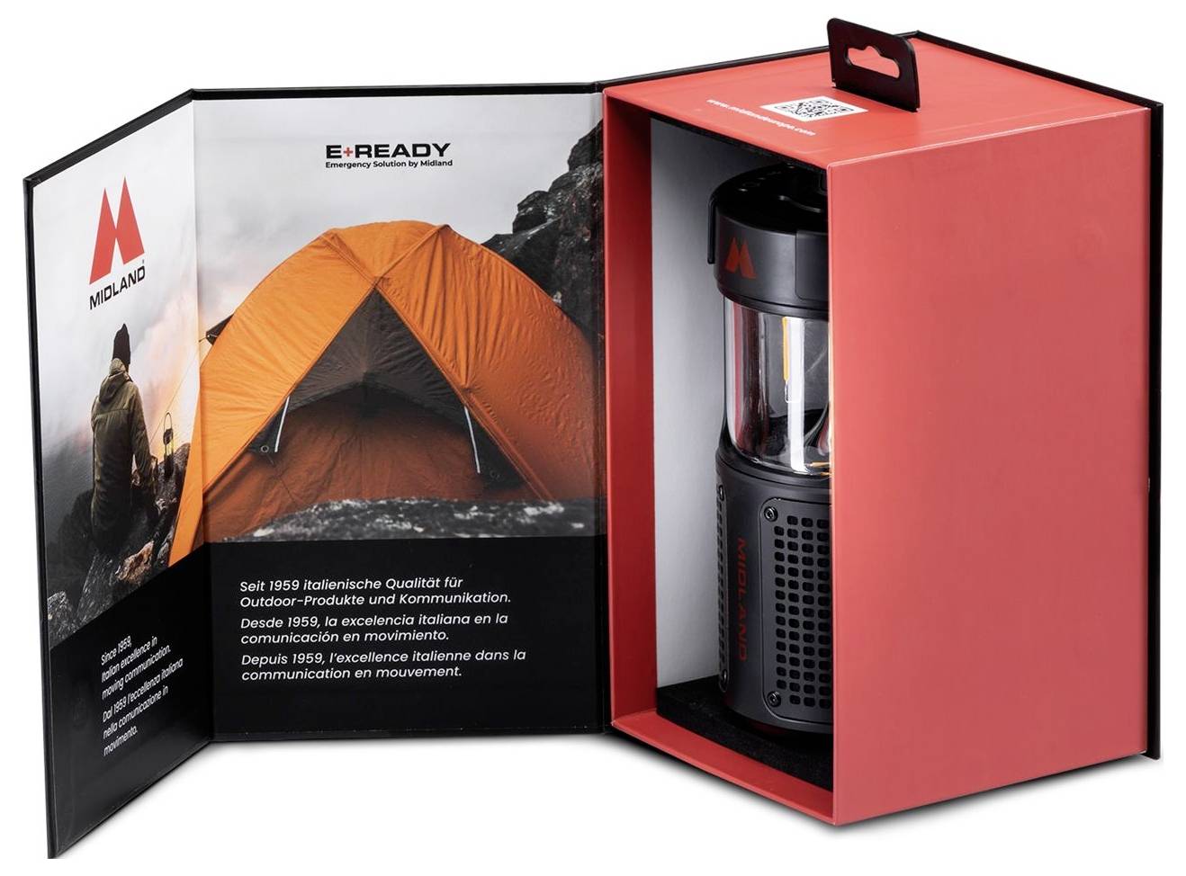 Červená camping lucerna v krabici s obrázkom stanu a značkou "E-READY", zobrazená v maloobchodnom balení.
