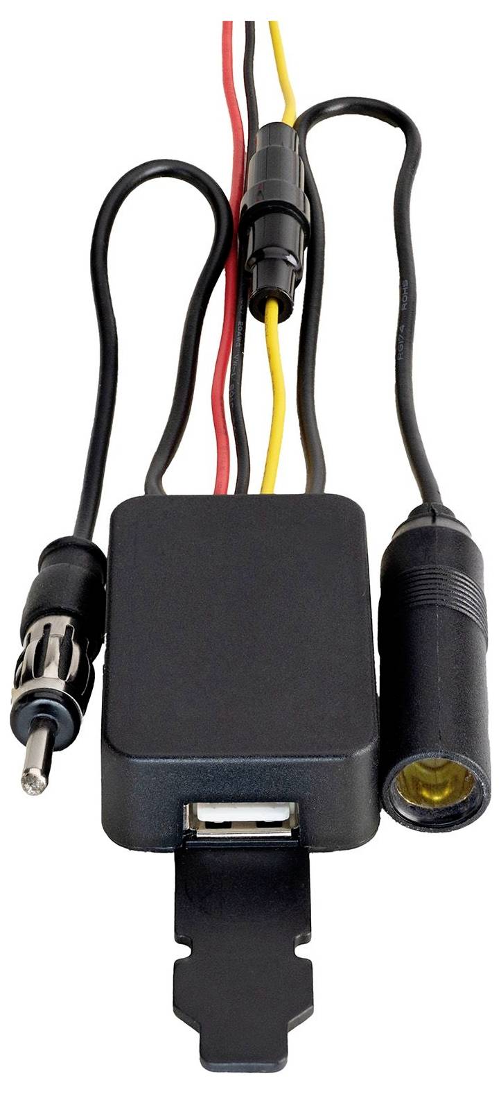 Čierny inline napájací adaptér s DC cyklindrickými konektormi a USB portom, zobrazený s pripojovanými červenými, čiernymi a žltými kábľami.