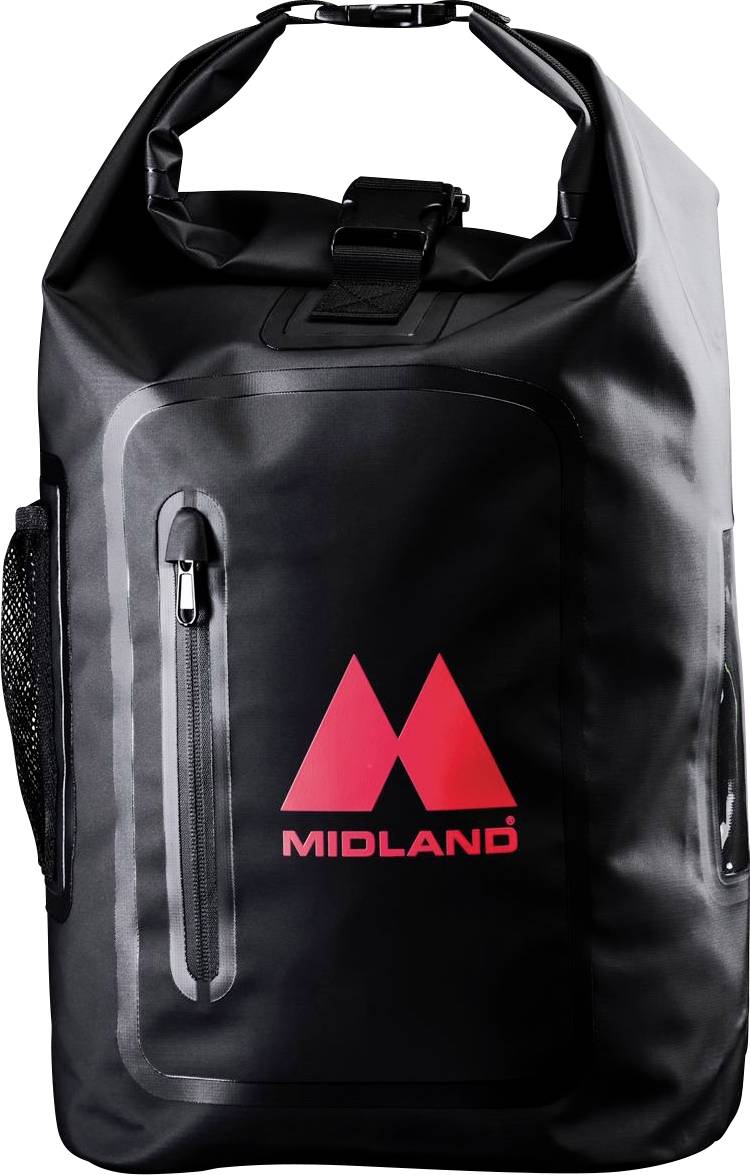 Čierny vodotesný batoh s rolovacím uzáverom, predným zipsom a červeným logom Midland na prednej strane.
