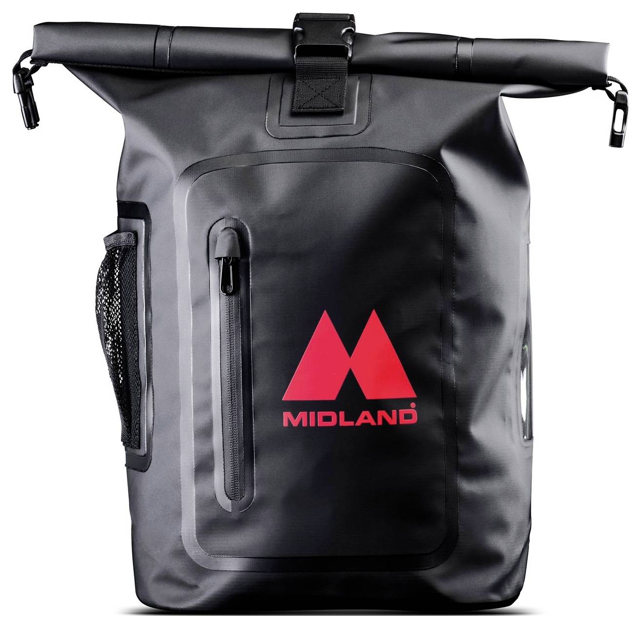 Čierna nepremokavá roll-top batôž s červeným logom Midland, predný zips vrecko, bočné sieťové vrecko a horné prackovanie na skúčovanie.