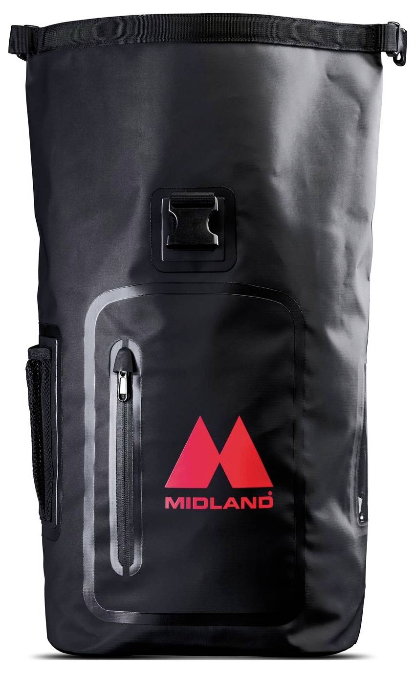 Čierna vodotesná valcovaná suchá taška s predným vreckom na zips a červeným logom MIDLAND na prednej strane.