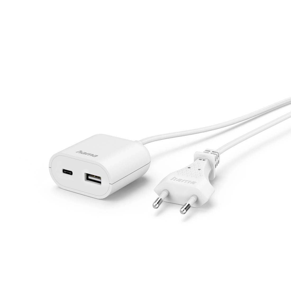 Biela USB-C nabíjačka do zásuvky s pripojený kábel a európska dvojkolíková zástrčka, zobrazená na jednoduchom pozadí.