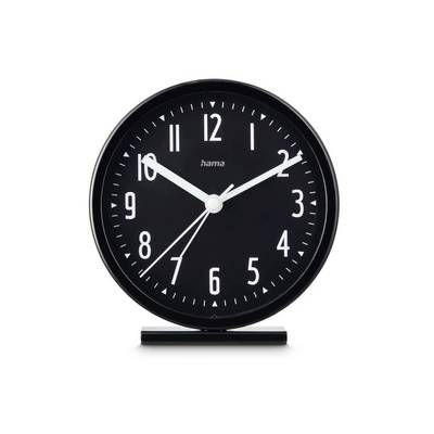 Čierny analógový stolný budík ukazujúci približne 10:10 na bielom pozadí.