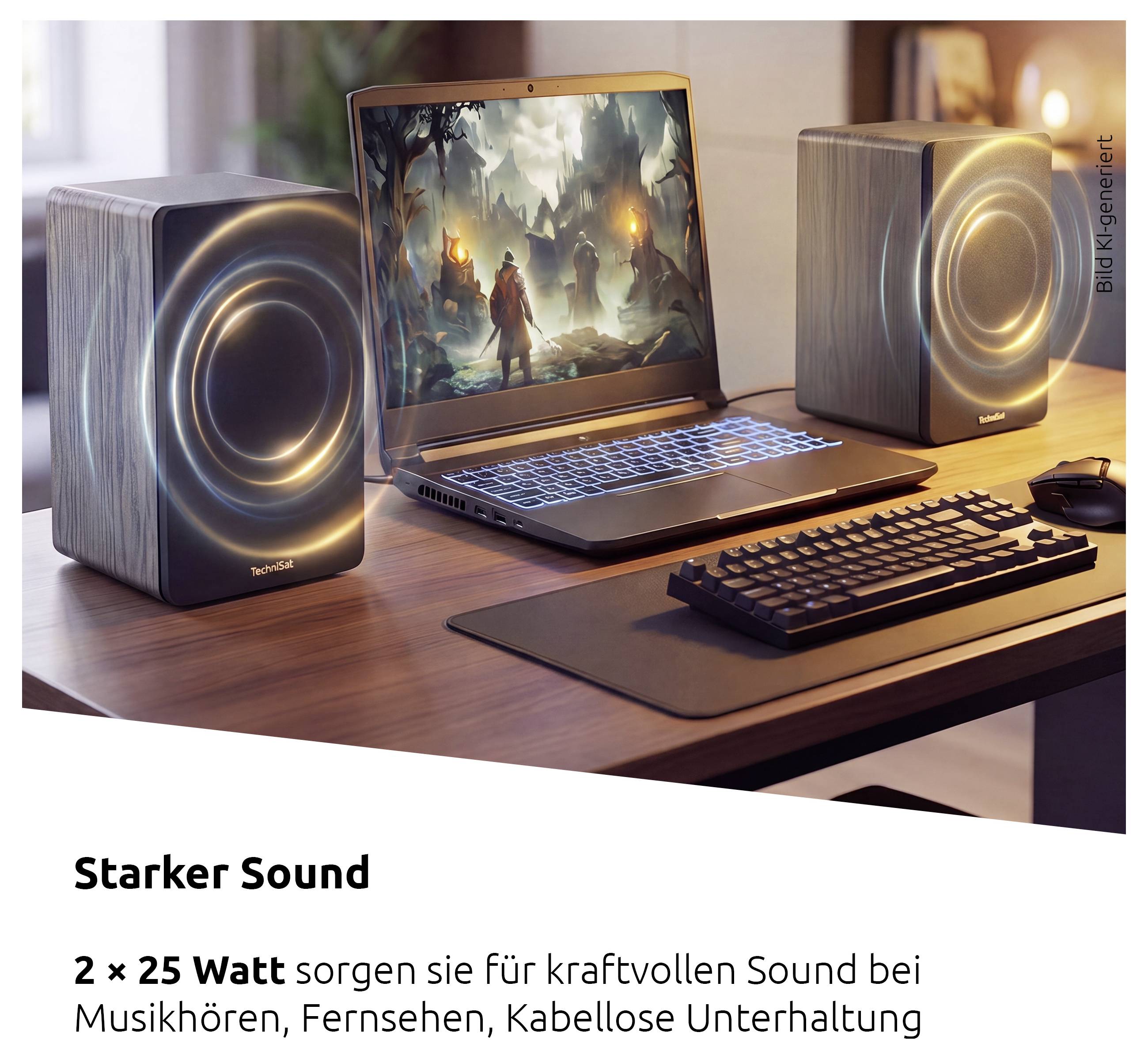 Herný notebook na pracovnom stole s dvoma osvetlenými reproduktormi; nemecký reklamný text hovorí „Starker Sound" a 2 x 25 wattov pre silný zvuk počas hudby, TV a bezdrôtovej zábavy.