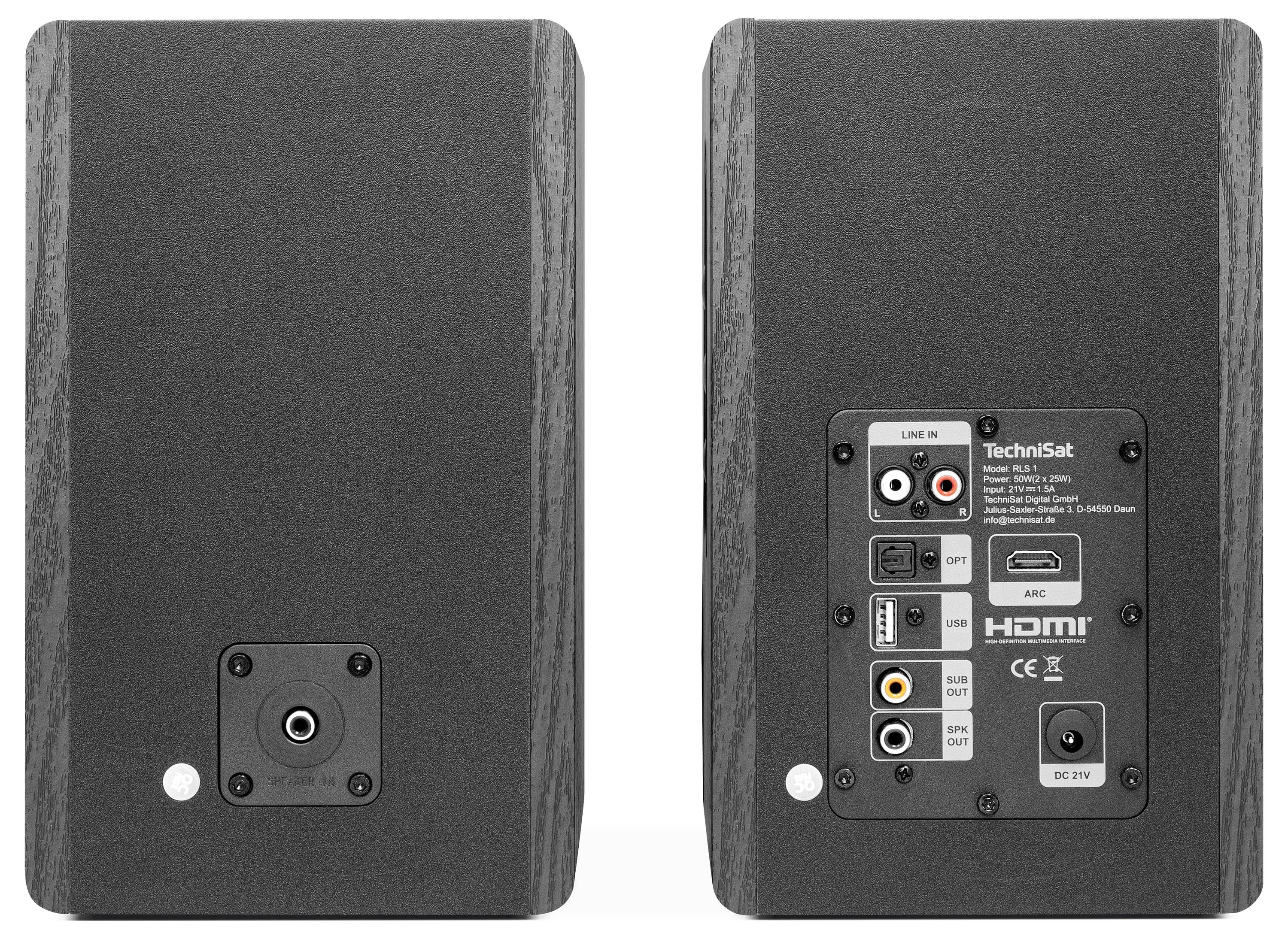 Zadný a predný pohľad na čierny reproduktor TechniSat; zadný panel zobrazuje zvukové vstupy, HDMI, USB, koaxiálny konektor, optický konektor a pripojenie DC napájania.