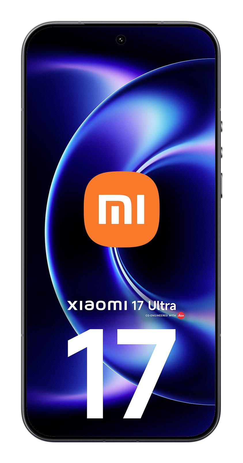 Predný pohľad smartfónu Xiaomi 17 Ultra s modrými abstraktnými tapetami, logom Mi a textom „17" na displeji.
