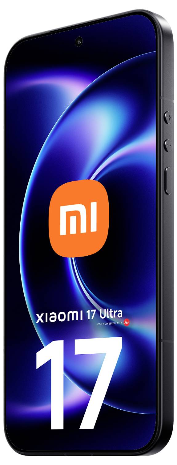 Smartfón Xiaomi 17 Ultra zobrazený spredu s modrým abstraktným tapetom, oranžovým logom "mi" a veľkým nápisom "17" na obrazovke.