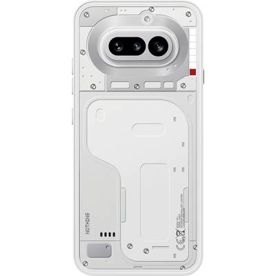 Zadný pohľad na priesvitný smartfón zobrazujúci interné komponenty a dvojitý fotoaparátový modul, označený „NOTHING" v spodnej časti.