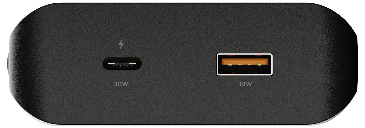 Čelný pohľad na čiernu powerbanku s dvoma portmi: USB-C označený 20W a USB-A označený 18W.