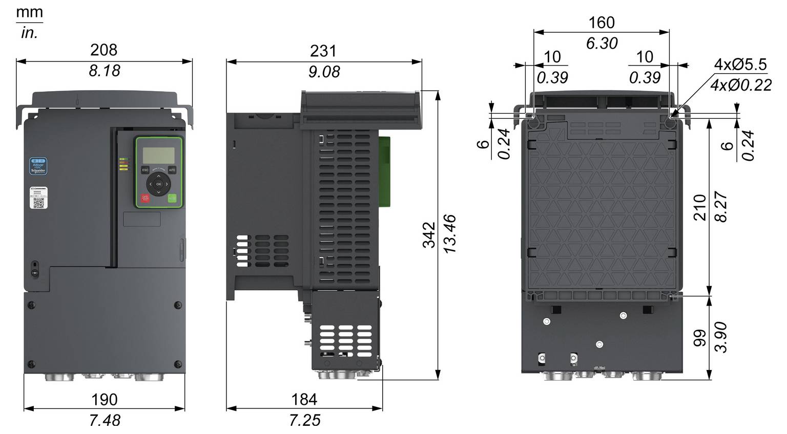 Rozmerovaný technický výkres priemyselného elektronického modulu zobrazený v prednom, bočnom a zadnom pohľade s rozmermi v mm a palcoch.