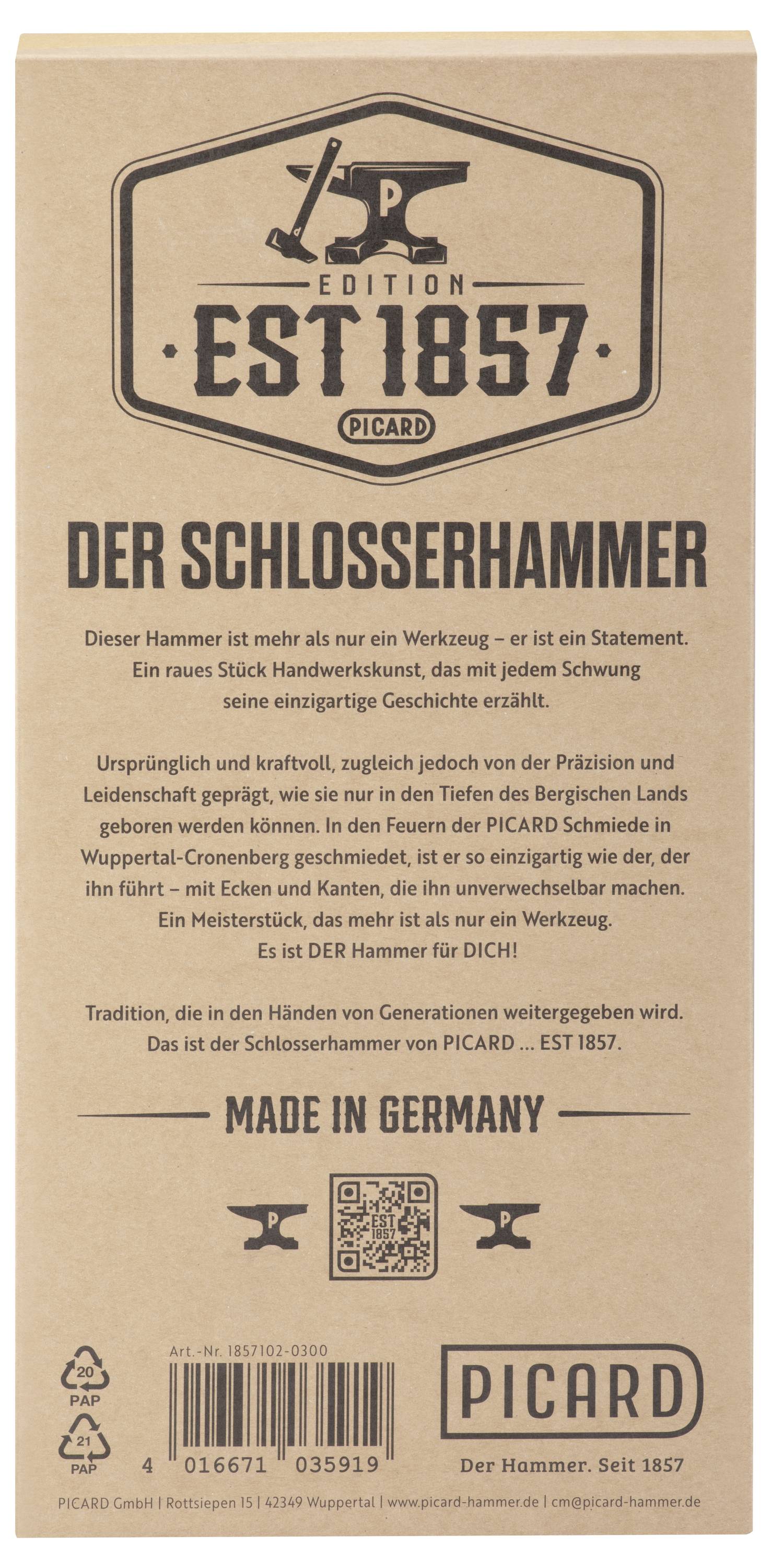 Plagát pre PICARD's 'Der Schlosserhammer' s veľkým logom 'EST 1857', nemeckým textom produktu, QR kódom, čiarovým kódom a logom PICARD na béžovom pozadí.