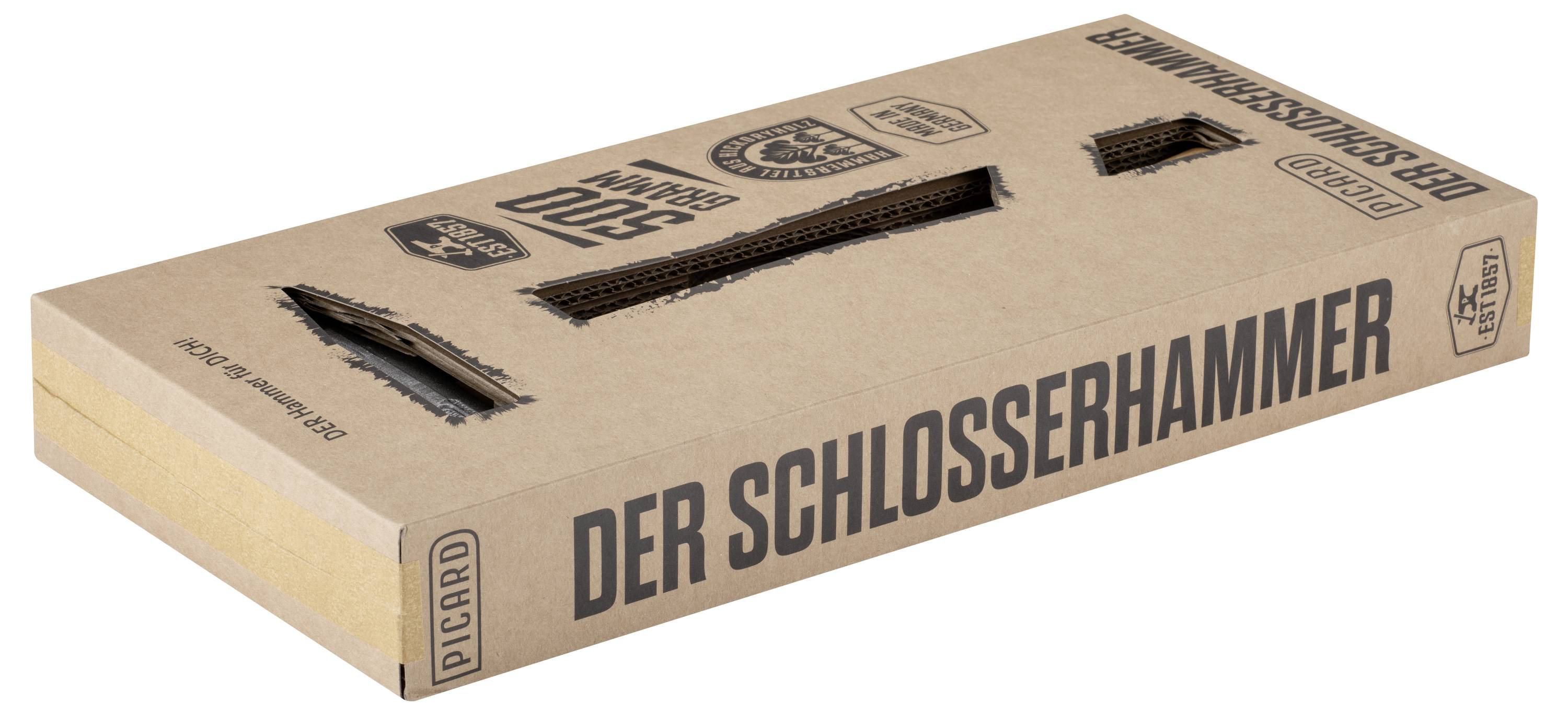 Kartónová prepravná krabica na "Schlosserhammer" (mechanický kladivo), označená "DER SCHLOSSERHAMMER" s vykrojovanou rukoväťou a ilustráciami nástrojov.
