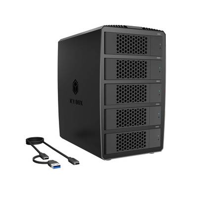Čierna viacprehliadková ICY BOX skrín na pevný disk s piatimi predným zásobníkmi na jednotky a USB kábel zobrazený vedľa nej na bielom pozadí.