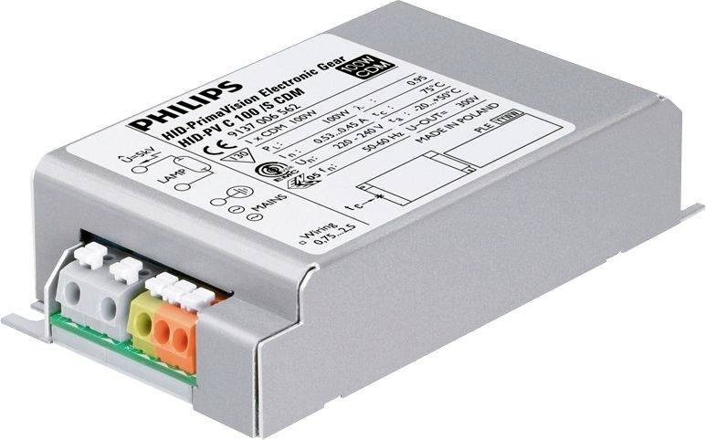 Strieborný elektronický predvolný modul Philips HID s prípojnými svorkami na jednom konci, zobrazený na produktovej fotografii na bielom pozadí.