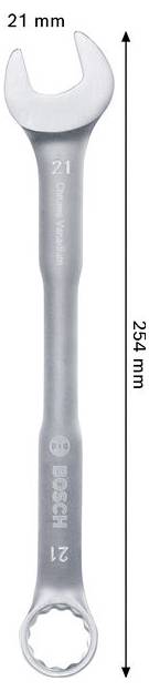 Kombinovaný kľúč Bosch veľkosti 21 mm zobrazený vertikálne, s otvoreným koncom v hornej časti a krúžkovým koncom v spodnej časti, s dĺžkou 254 mm.