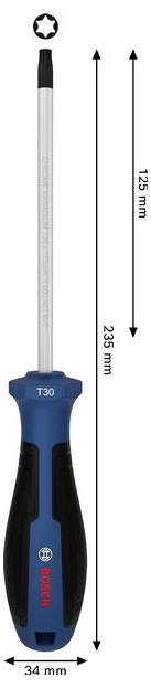 Skrutkovač Bosch T30 s modro-čiernym držadlom; uvedené rozmery sú 235 mm na dĺžku a 34 mm na šírku, s dĺžkou hriadeľa 125 mm.