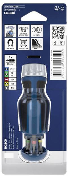 Balenie na skrutkovač Bosch Expert: zobrazený modrý a čierny držiak s ikonami pre silný úchop, 2-v-1 račňu, magnet a 36 zubov, plus QR kód a označenia veľkosti.