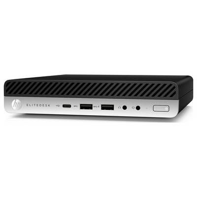 Predný pohľad stolného počítača HP EliteDesk s otvormi na vetranie, USB portami, audio jackmi a tlačidlom napájania.