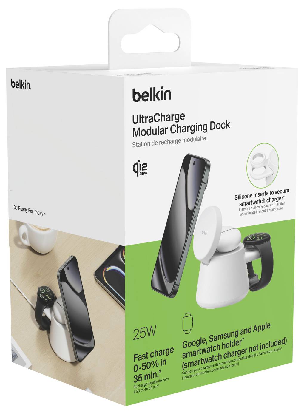 Balík Belkin UltraCharge Modular Charging Dock s mobilným dokom na rýchle nabíjanie 25W s držiakom na inteligentné hodinky a silikónovými vložkami.