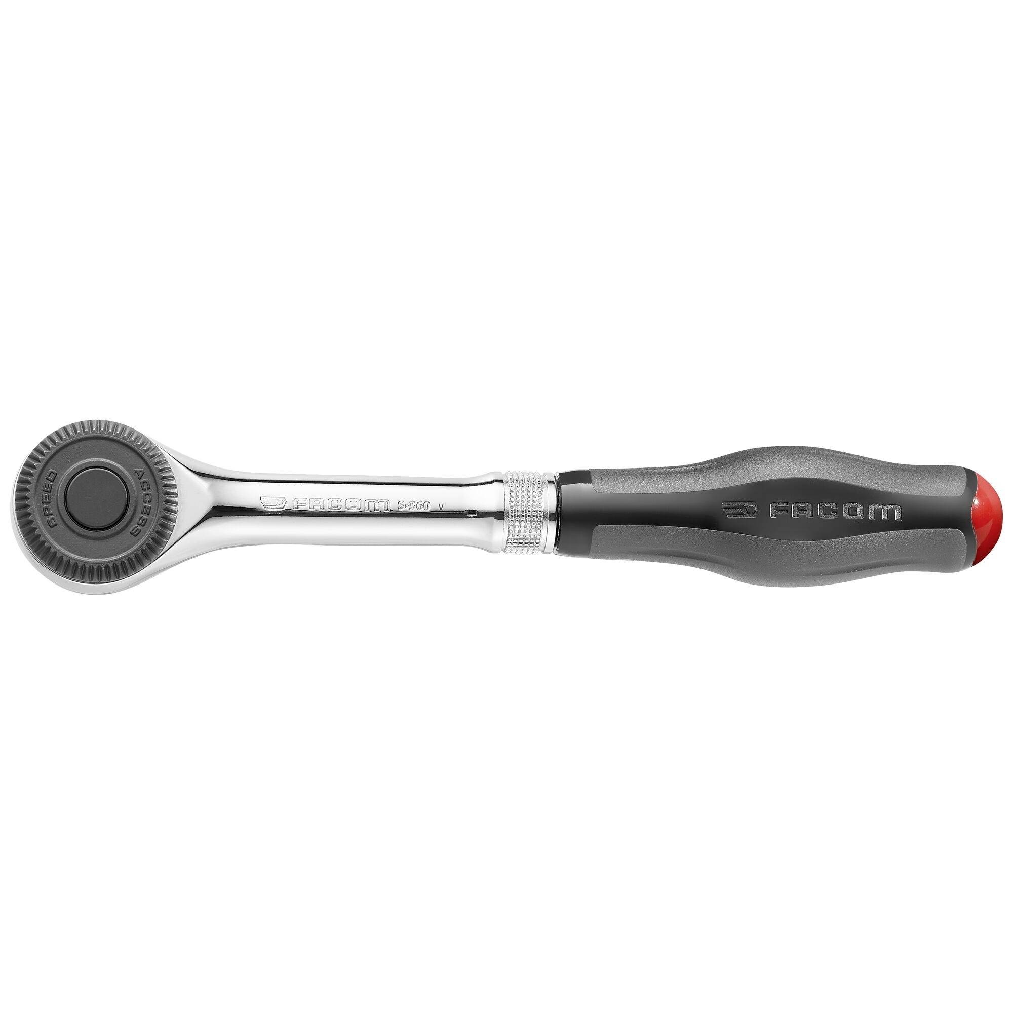 Strieborný nasadzovacie kľúč s čiernym a červeným ergonomickým rukoväťom, zobrazený na bielom pozadí.