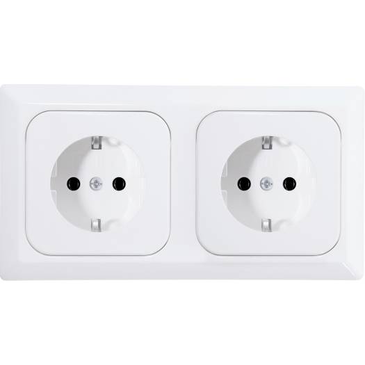 Biela dvojitá elektrická nástenná zásuvka s dvoma okrúhlymi zdierkami
