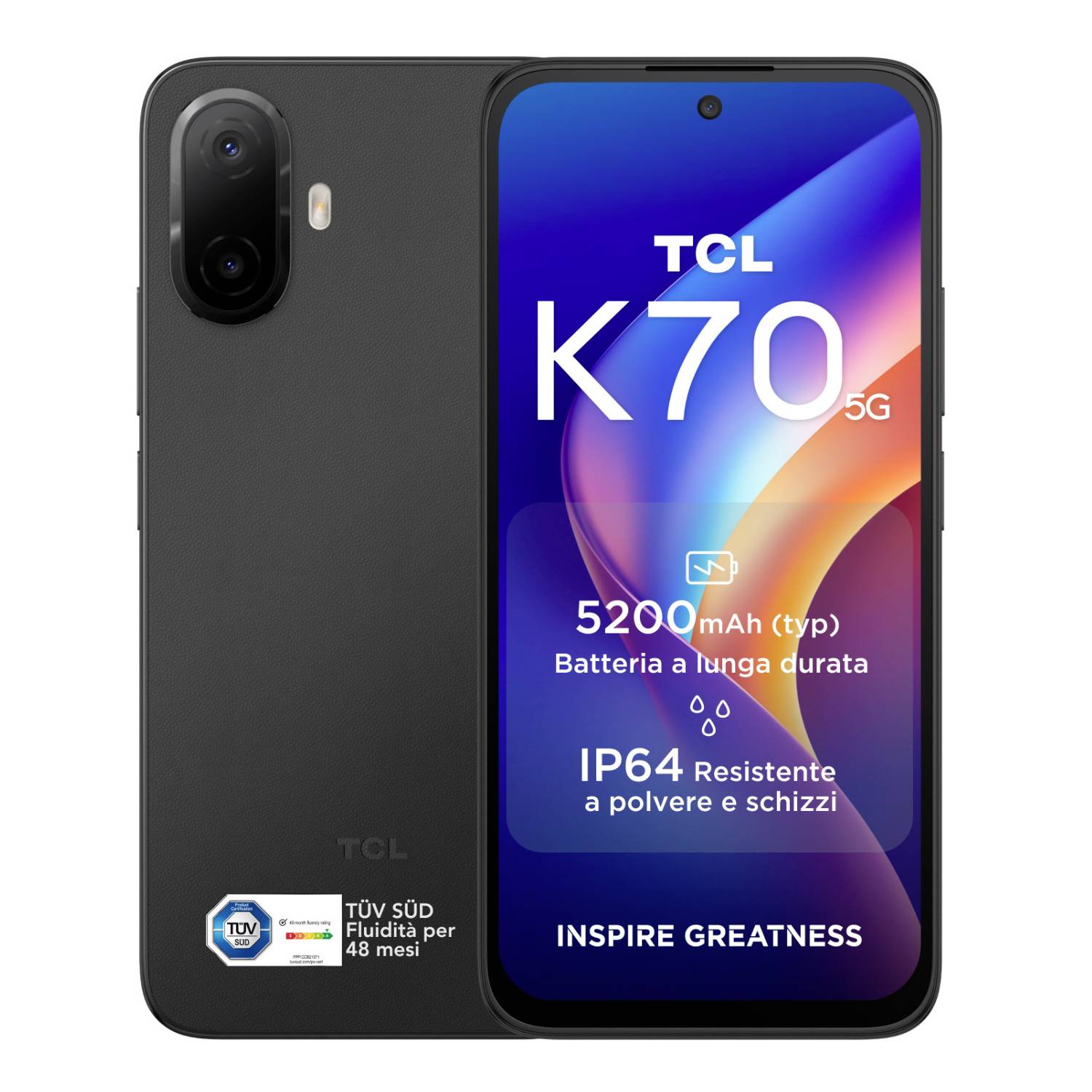 Predný a zadný pohľad na smartphone TCL K70 5G, ktorý zobrazuje displej s batériou „5200 mAh", odolnosťou voči prachu a striekajúcej vode „IP64" a motom „INSPIRE GREATNESS".