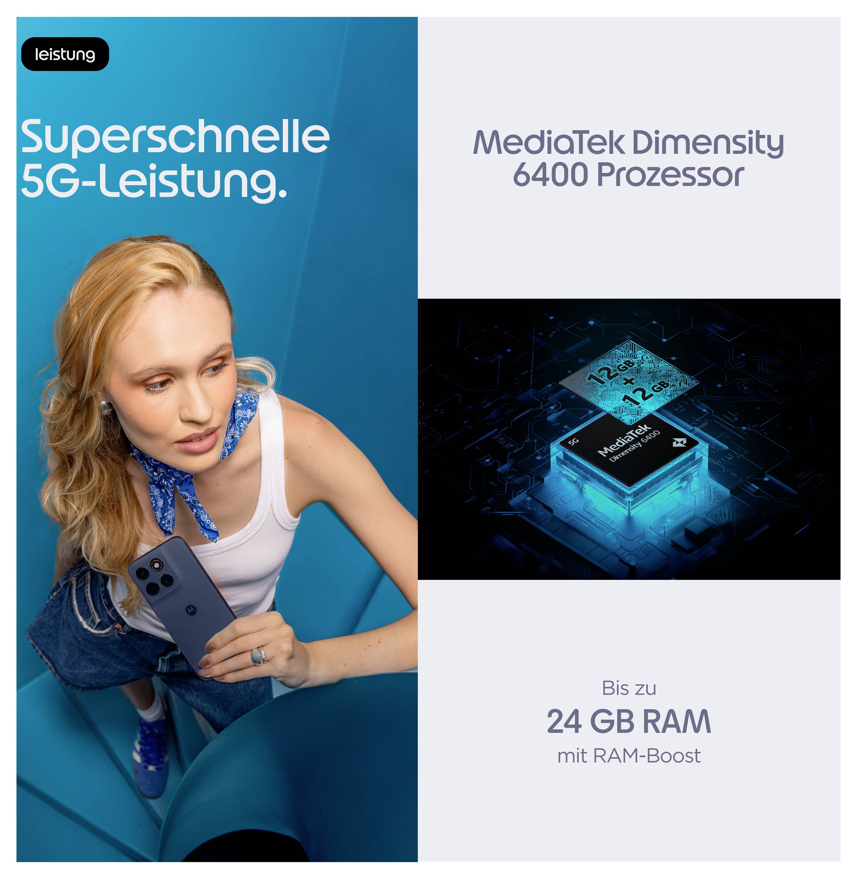 Propagačný inzerát na telefón s procesorom MediaTek Dimensity 6400, zdôrazňujúci ultrarýchly výkon 5G a až 24 GB RAM s RAM-Boost, so ženou držiacou smartfón.