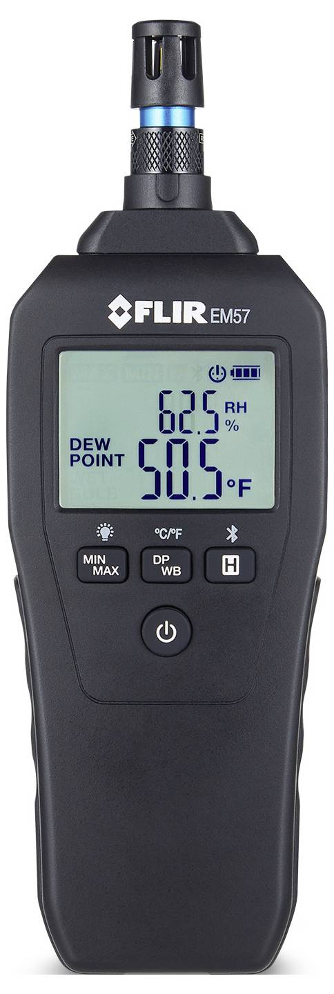 Prenosný merač FLIR EM57 zobrazujúci teplotu, vlhkosť a teplotu rosného bodu na digitálnom displeji.