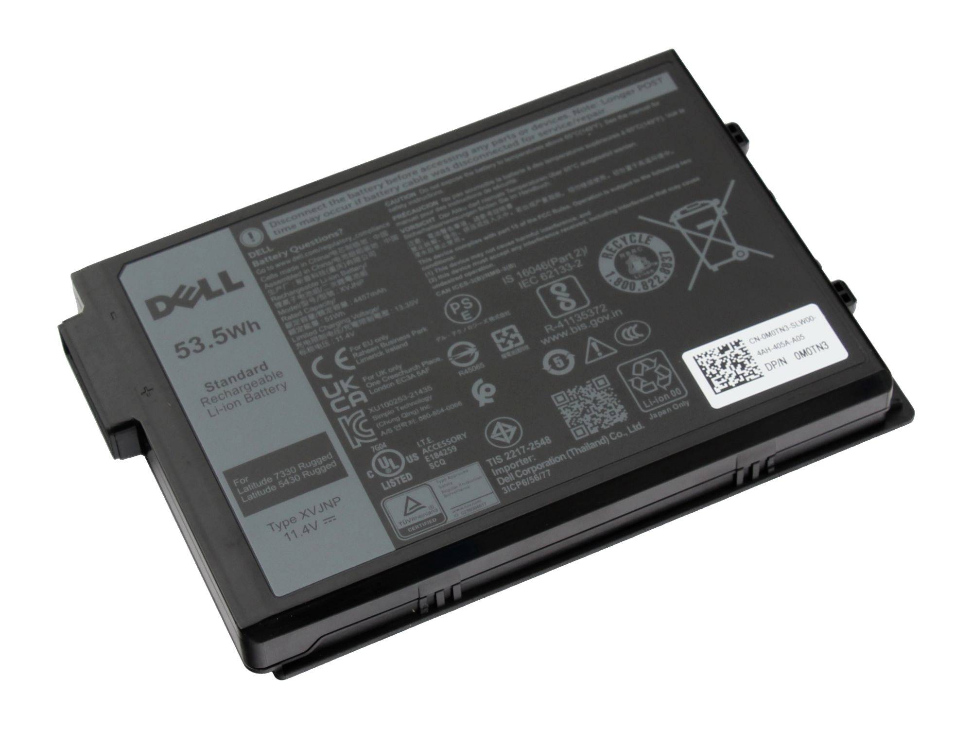 Batéria do notebooku Dell s kapacitou 53,5Wh zobrazená na bielom pozadí.