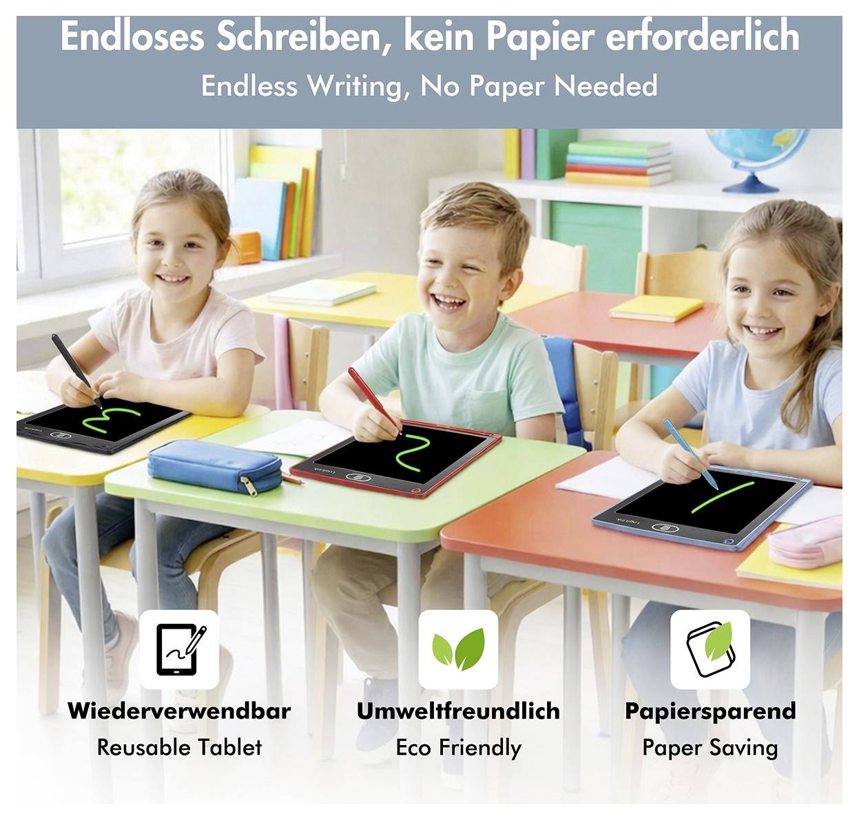 Traja deti používajú opakovaně použiteľné písacie tablety v triede; text hovorí „Nekonečné písanie, žiadny papier potrebný" a zdôraňuje opakovaně použiteľné, ekologické a úsporné výhody papiera.